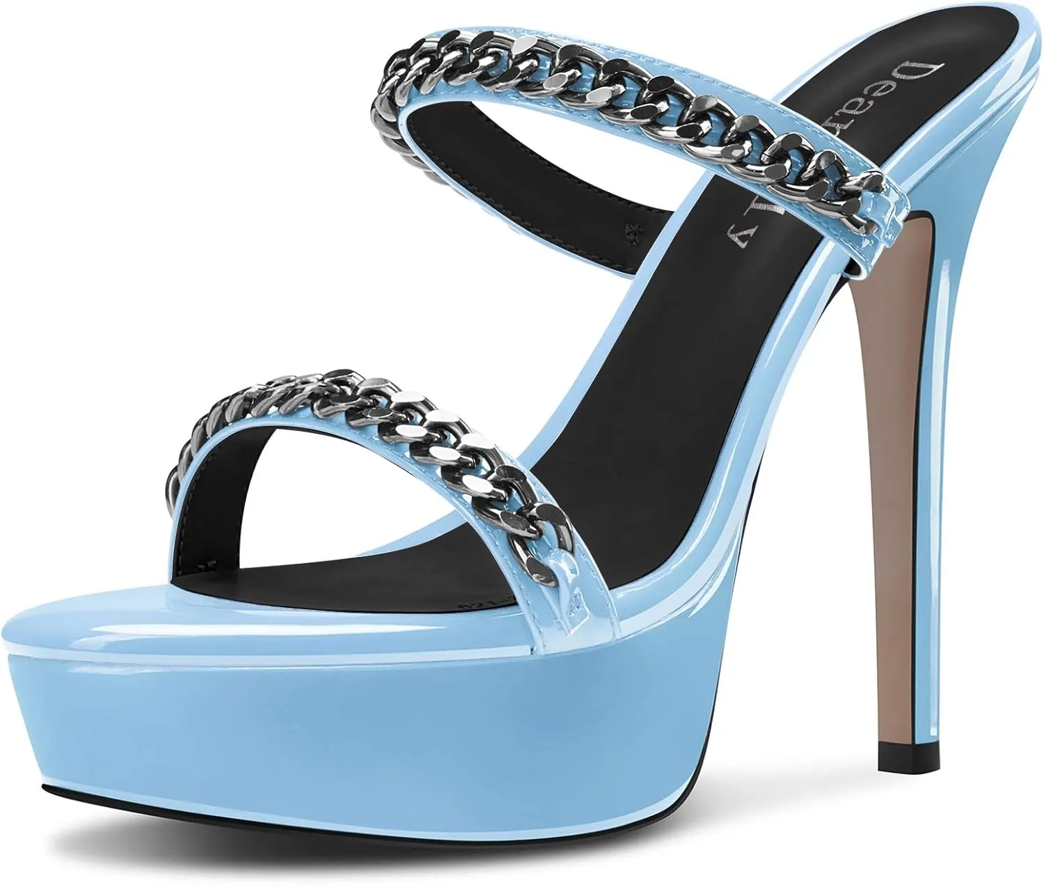 DearOnly Womens Stiletto High Platform Heel Open Toe Slip-on Metal Chain Sandals Prom Party Mules Shoes 5.1 Inches Heels