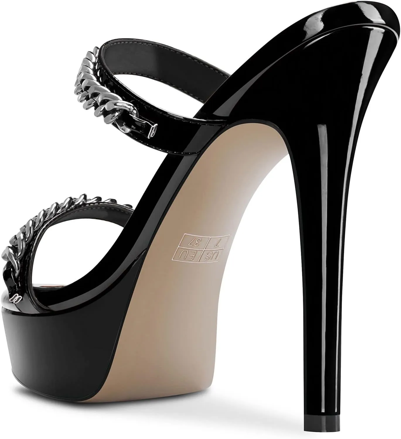 DearOnly Womens Stiletto High Platform Heel Open Toe Slip-on Metal Chain Sandals Prom Party Mules Shoes 5.1 Inches Heels