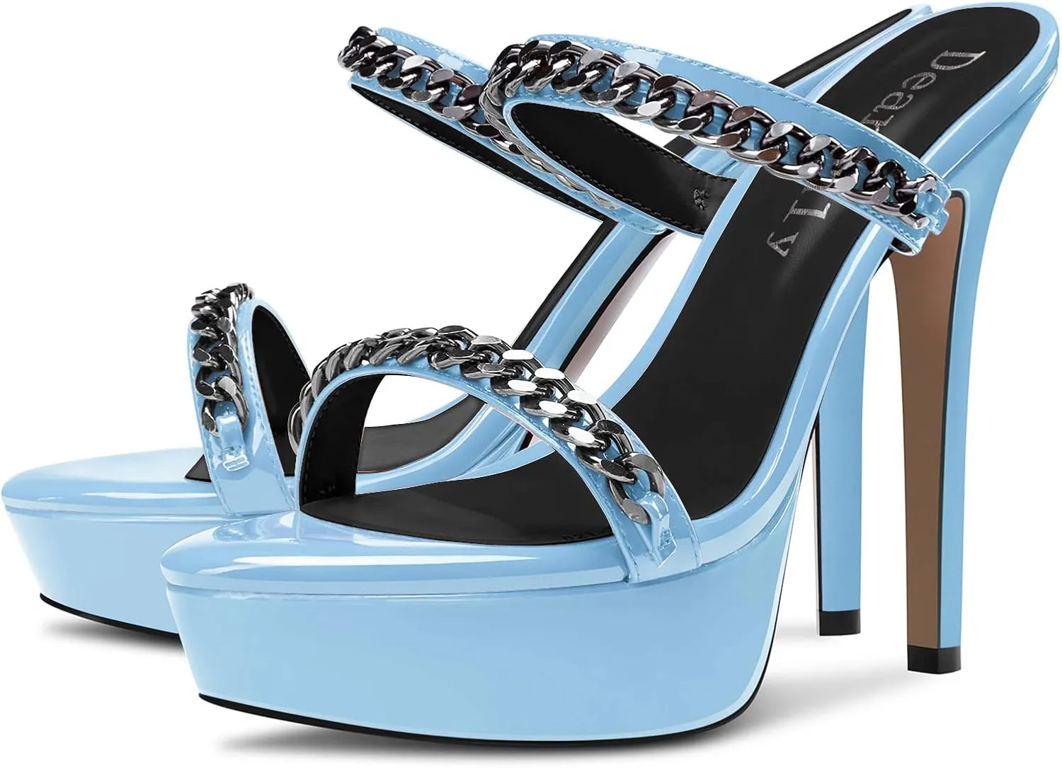 DearOnly Womens Stiletto High Platform Heel Open Toe Slip-on Metal Chain Sandals Prom Party Mules Shoes 5.1 Inches Heels
