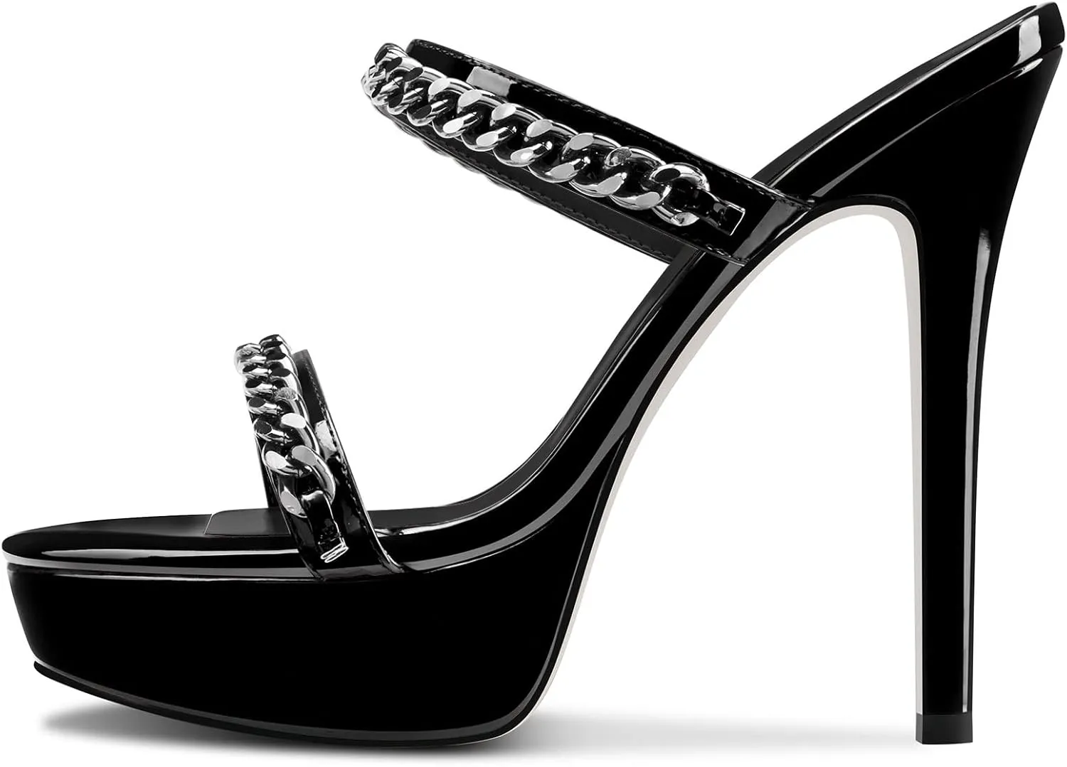 DearOnly Womens Stiletto High Platform Heel Open Toe Slip-on Metal Chain Sandals Prom Party Mules Shoes 5.1 Inches Heels