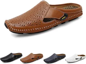 DESESE Men's Leather Flat Mules Comfy Clog Slippers Breathable Punching Leather Slip on Shoes Non-Slip Casual Loafers