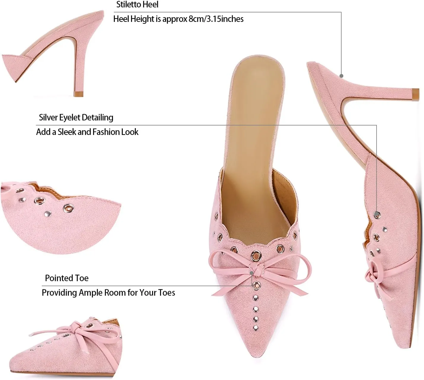 DOEYG Women Pointed Toe Bow Heels Mules Slip on Stiletto Heels Sandals Dress Party Wedding Studded Heels Pumps