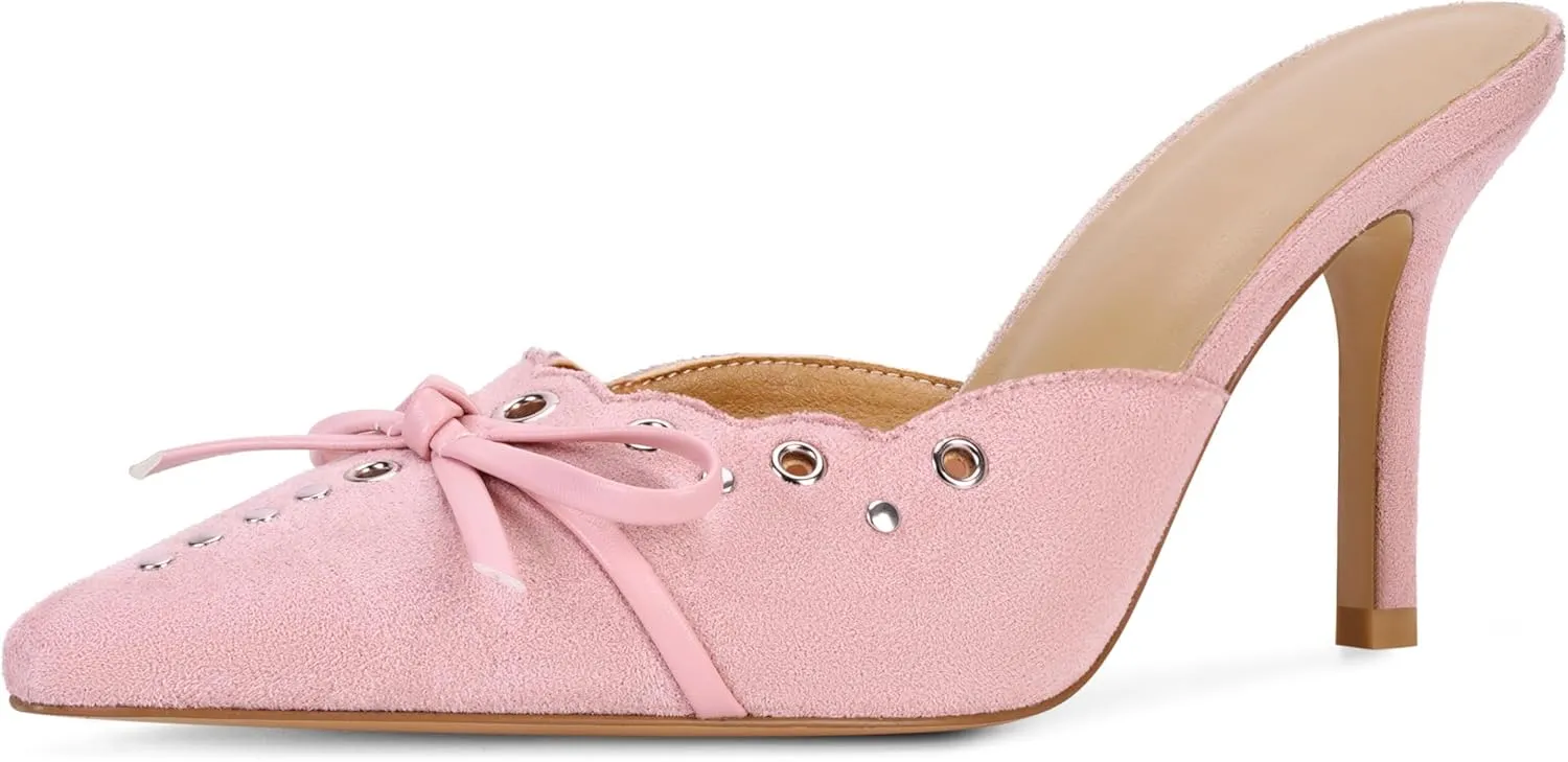DOEYG Women Pointed Toe Bow Heels Mules Slip on Stiletto Heels Sandals Dress Party Wedding Studded Heels Pumps