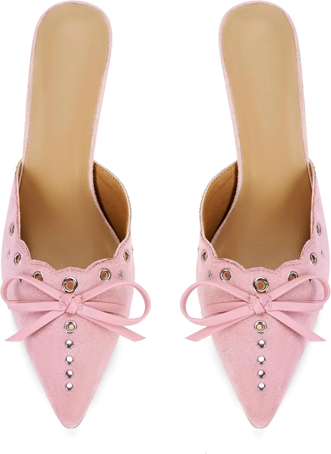 DOEYG Women Pointed Toe Bow Heels Mules Slip on Stiletto Heels Sandals Dress Party Wedding Studded Heels Pumps