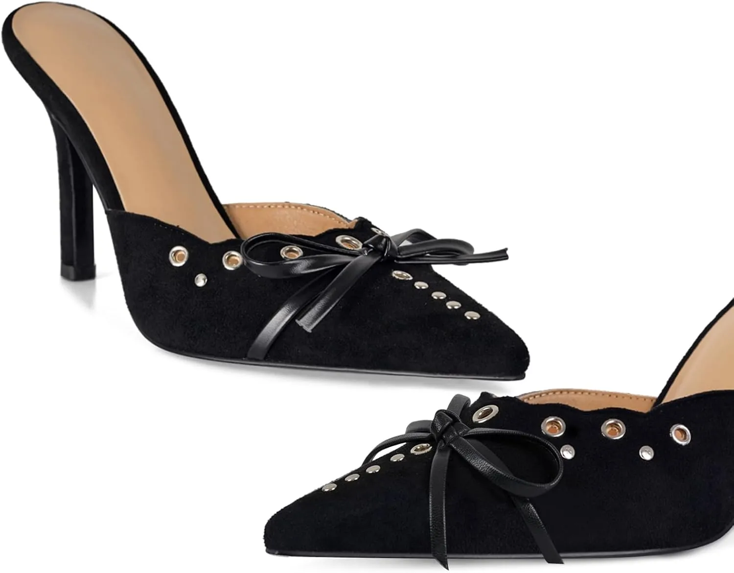 DOEYG Women Pointed Toe Bow Heels Mules Slip on Stiletto Heels Sandals Dress Party Wedding Studded Heels Pumps