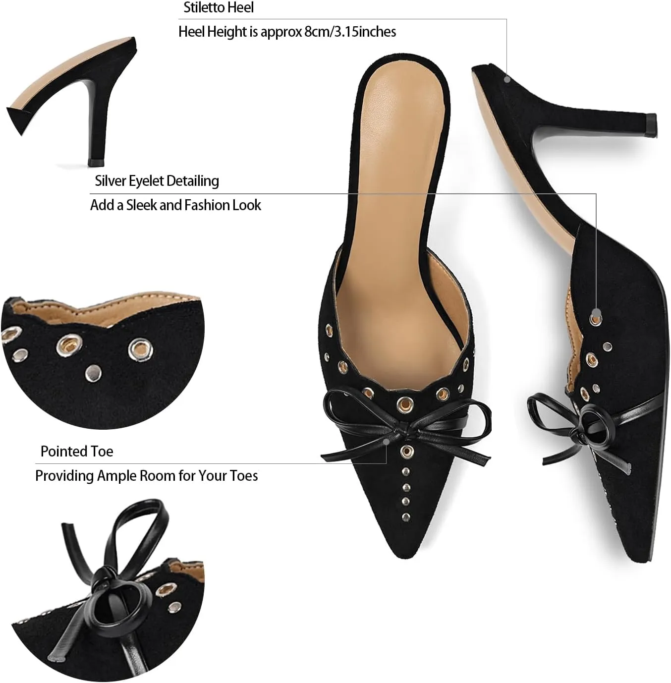 DOEYG Women Pointed Toe Bow Heels Mules Slip on Stiletto Heels Sandals Dress Party Wedding Studded Heels Pumps