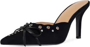 DOEYG Women Pointed Toe Bow Heels Mules Slip on Stiletto Heels Sandals Dress Party Wedding Studded Heels Pumps