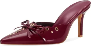 DOEYG Women Pointed Toe Bow Heels Mules Slip on Stiletto Heels Sandals Dress Party Wedding Studded Heels Pumps
