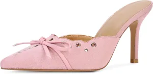 DOEYG Women Pointed Toe Bow Heels Mules Slip on Stiletto Heels Sandals Dress Party Wedding Studded Heels Pumps