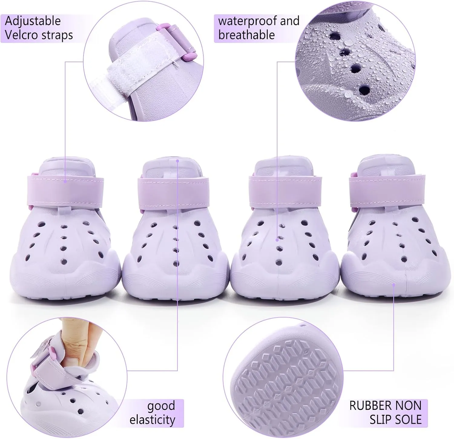Dog Shoes, Dog Sandals for Hot Pavement, Non-Slip Waterproof Dog Booties for Winter Snowy Day and Summer, Adjustable Straps Easy-Clean Beach Outdoor Pet Boots Rugged Sole-4Pcs Purple