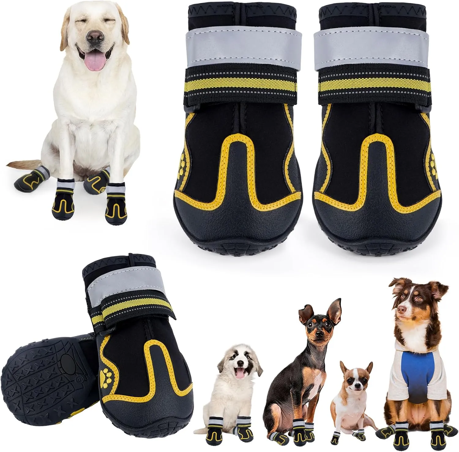 Dog Shoes for Hot Pavement,Dog Boots & Paw Protectors for Large Medium Size Dogs to Prevent Licking,Dog Booties with Reflective for Outdoor,Hiking,Hardwood Floors,Winter Snow(Black Yellow, Size6)