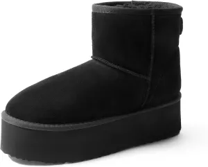 DREAM PAIRS Genuine Suede Classic Platform Boots for Women Water Resistant FuzzyClassic Ankle Winter Snow Low Boots with DIY Bows Faux Fur Lining Memory Foam Anti-Slip