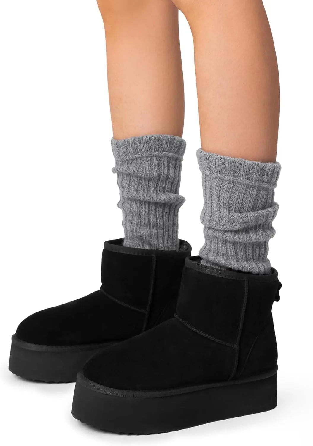 DREAM PAIRS Genuine Suede Classic Platform Boots for Women Water Resistant FuzzyClassic Ankle Winter Snow Low Boots with DIY Bows Faux Fur Lining Memory Foam Anti-Slip