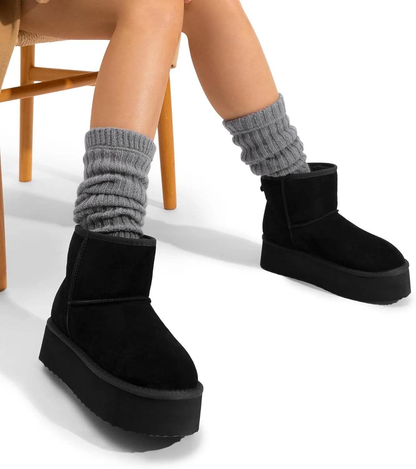 DREAM PAIRS Genuine Suede Classic Platform Boots for Women Water Resistant FuzzyClassic Ankle Winter Snow Low Boots with DIY Bows Faux Fur Lining Memory Foam Anti-Slip