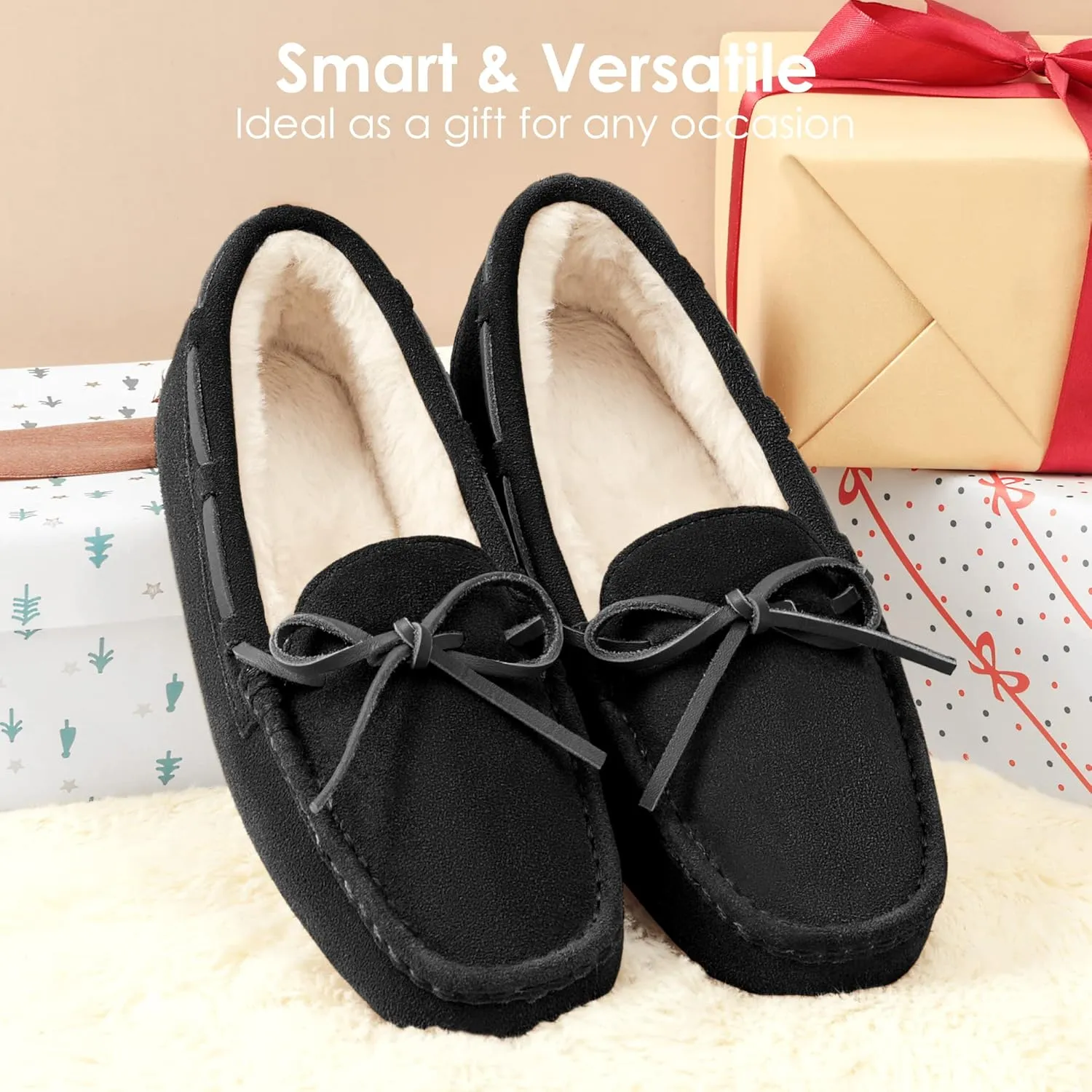 DREAM PAIRS Women's House Slippers Indoor Outdoor Moccasin Fuzzy Fluffy Furry Loafers Suede Leather Warm Shoes