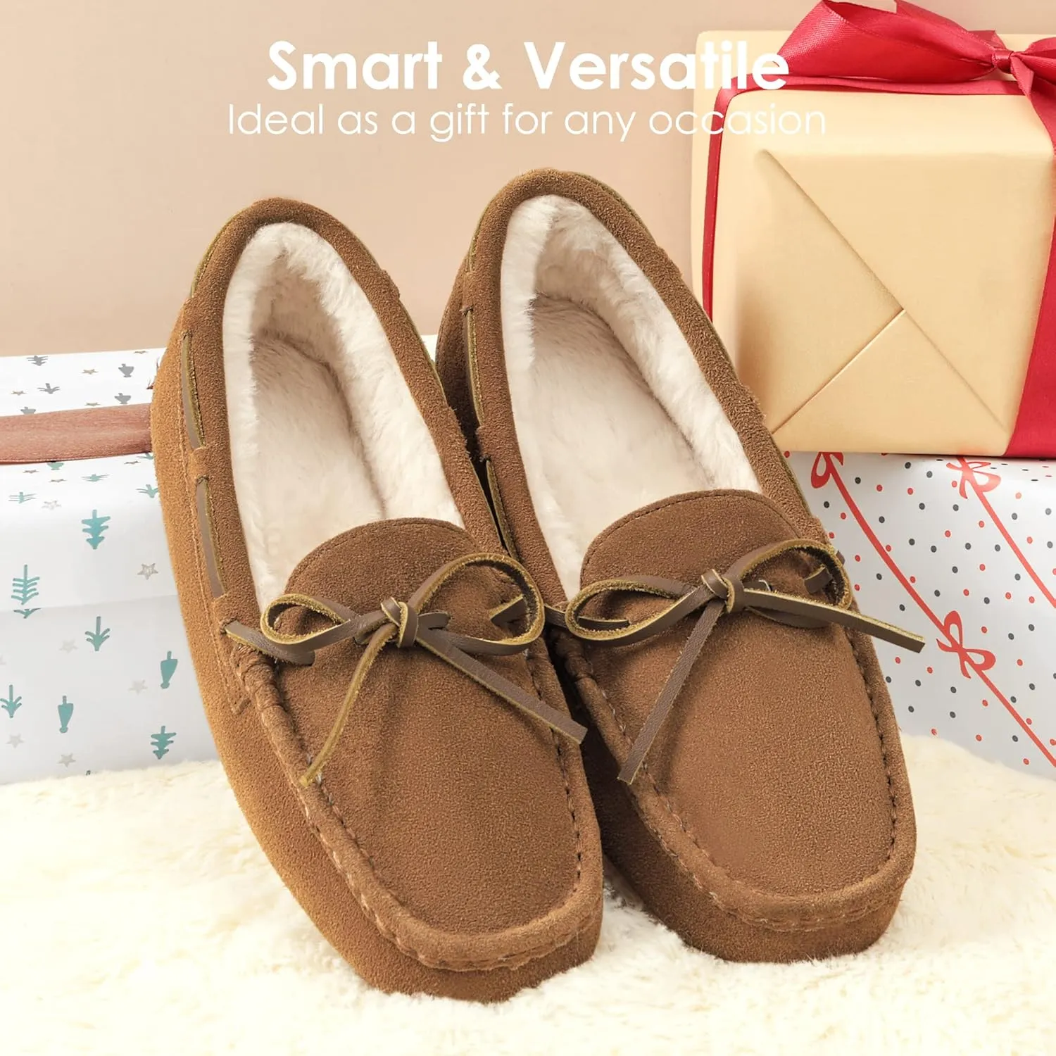 DREAM PAIRS Women's House Slippers Indoor Outdoor Moccasin Fuzzy Fluffy Furry Loafers Suede Leather Warm Shoes