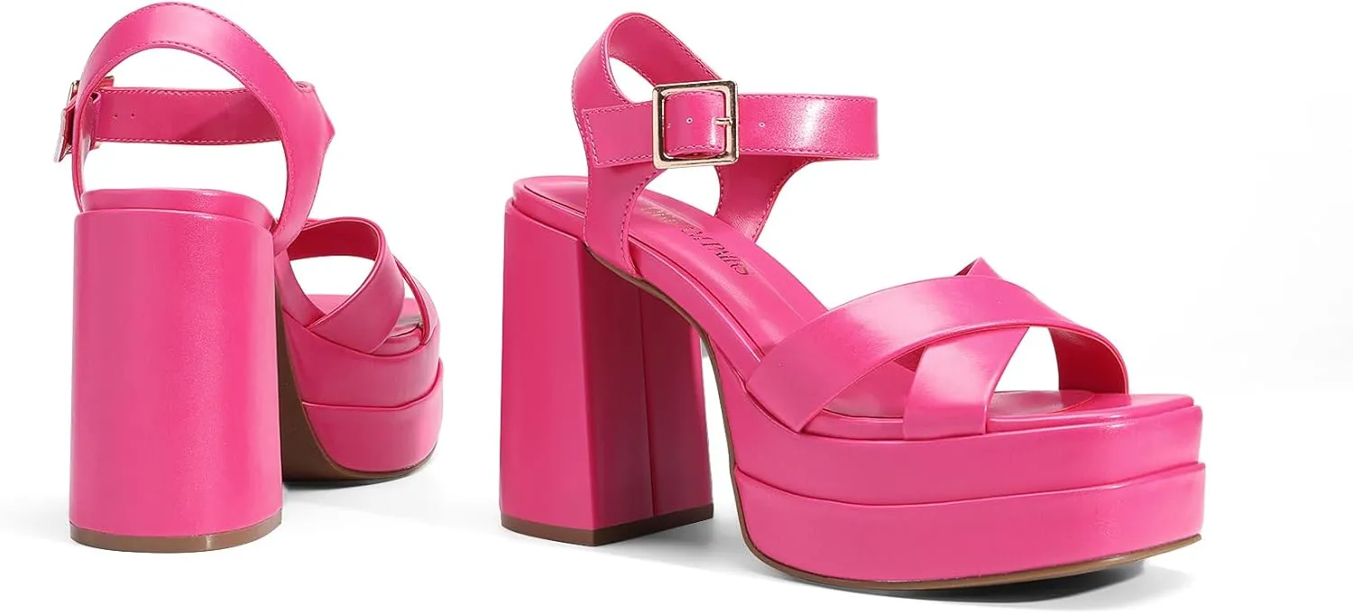DREAM PAIRS Women's Platform Chunky Heels Square Open Toe Ankle Strap High Heeled Sandals Y2K Shoes for Party Brunch