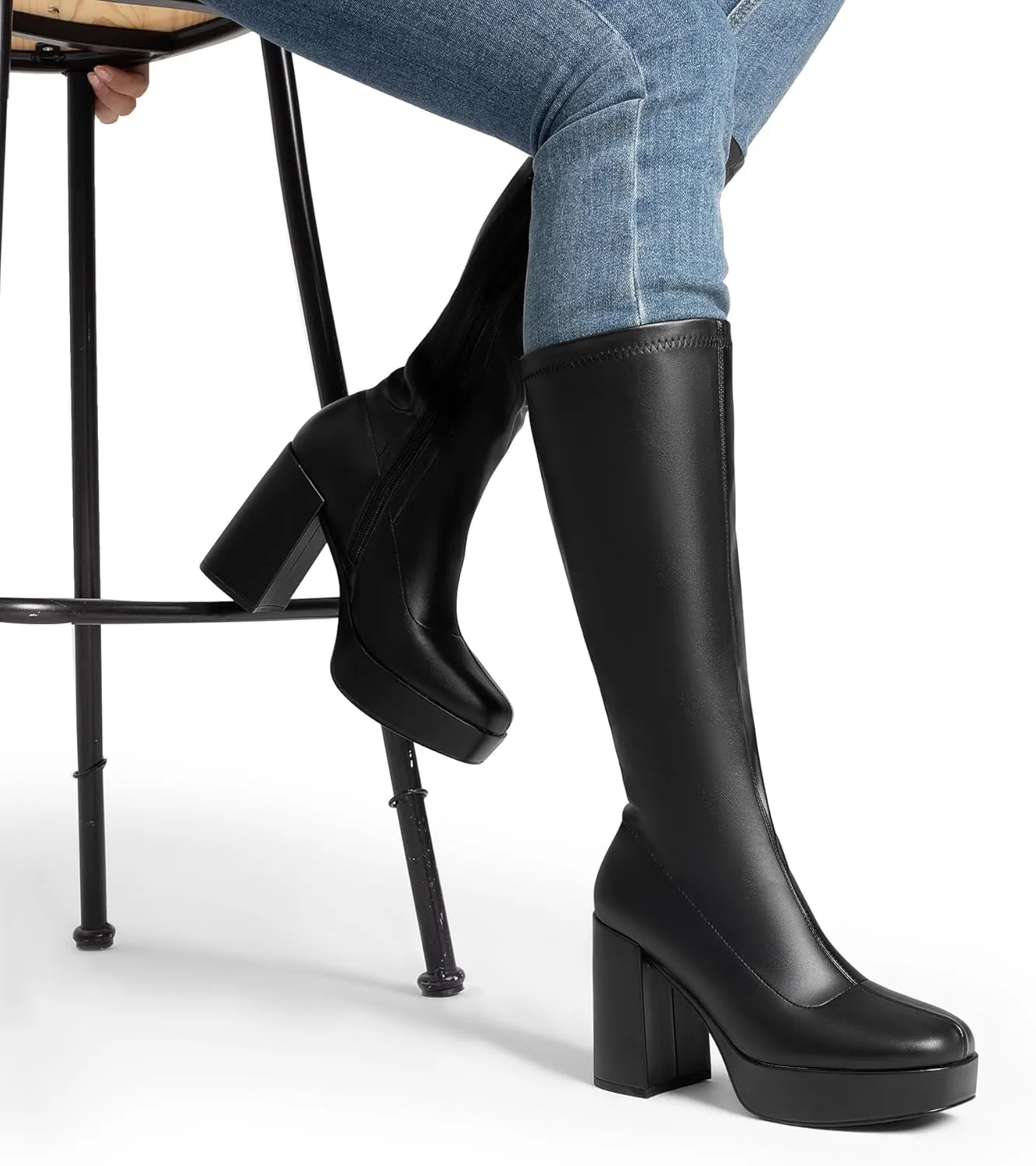 DREAM PAIRS Women's Platform Knee High Boots Chunky Block Heel Side Zipper Cute Gogo Boots