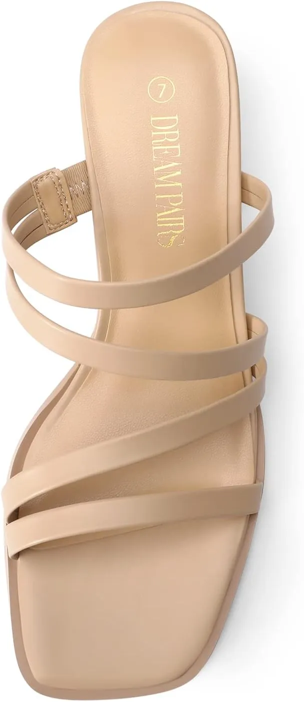 DREAM PAIRS Women's Strappy Heels Block Open Toe Low Heel Chunky Mules Sandals Dress Shoes