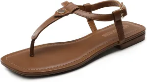 DREAM PAIRS Women's T-Strap Thong Flat Sandals with Cute Square Toe Strappy for Summer