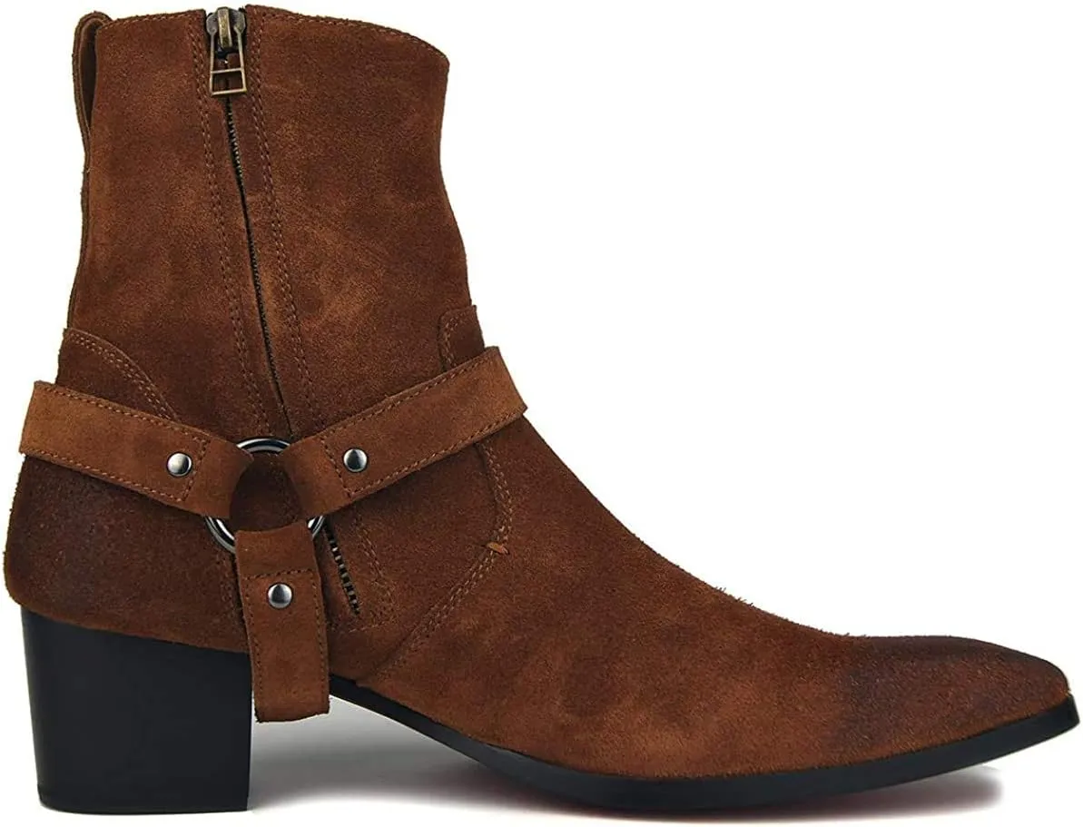 Dress Boot for Men Leather Chukka Designer Boots Casual Heel Shoes Zipper-up by OTTO Zone JY002 Brown Suede Belt 10