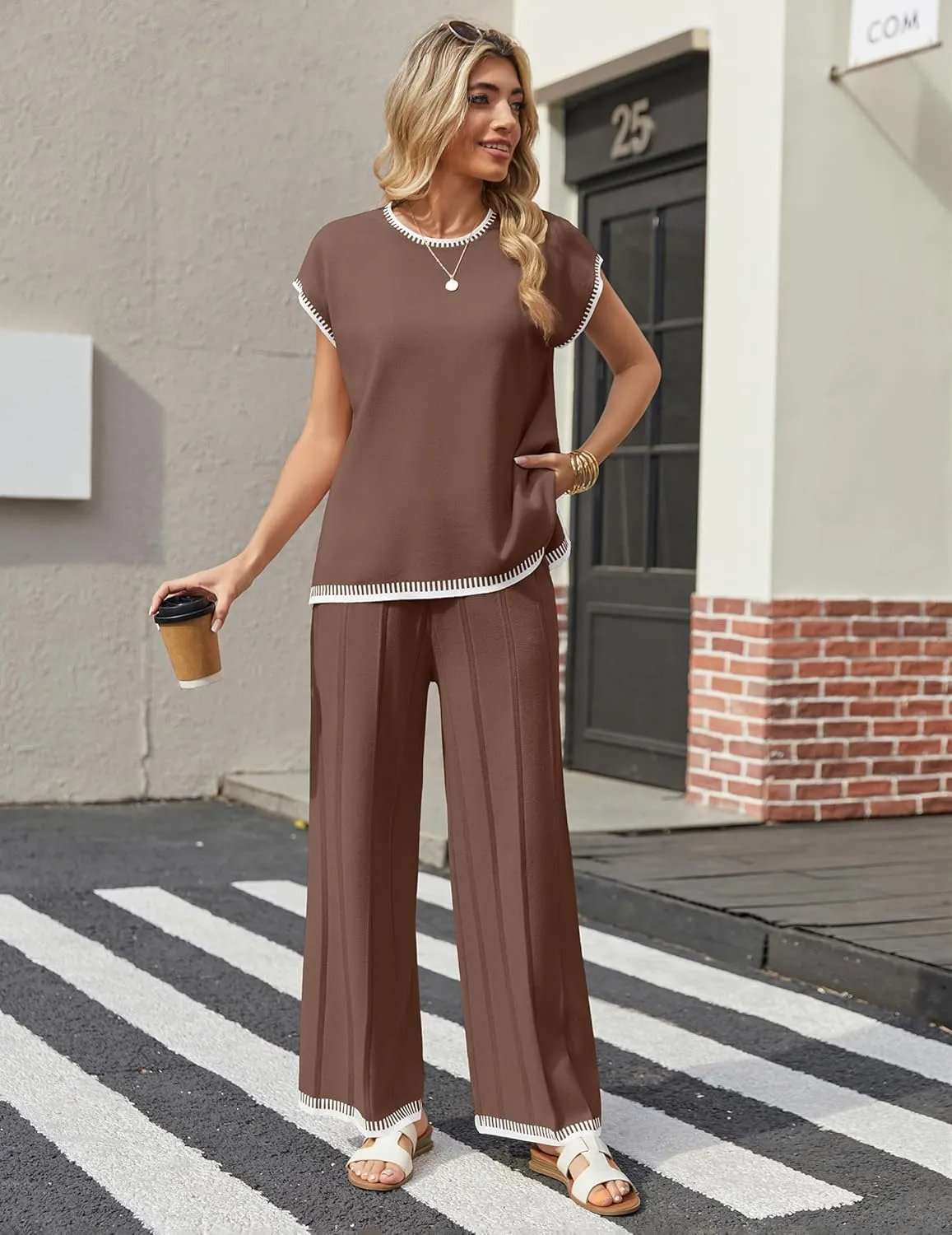Ekouaer 2 Pieces Outfits for Women Tracksuit Pullover Top and Wide Leg Pants Knit Matching Set Loungewear