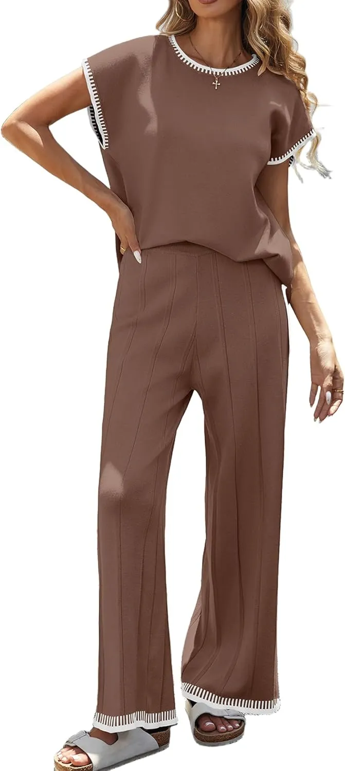 Ekouaer 2 Pieces Outfits for Women Tracksuit Pullover Top and Wide Leg Pants Knit Matching Set Loungewear