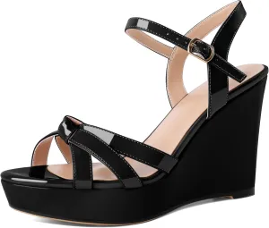 Eldof Womens Wedge Heels Open Toe Ankle Strap High Heel Platform Wedges Sandals 4 Inches