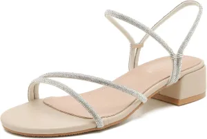 Enelauge Women's Rhinestone Strappy Open Toe Low Block Chunky Heels Sandals Backless Summer Holiday Party Wedding Dress Shoes