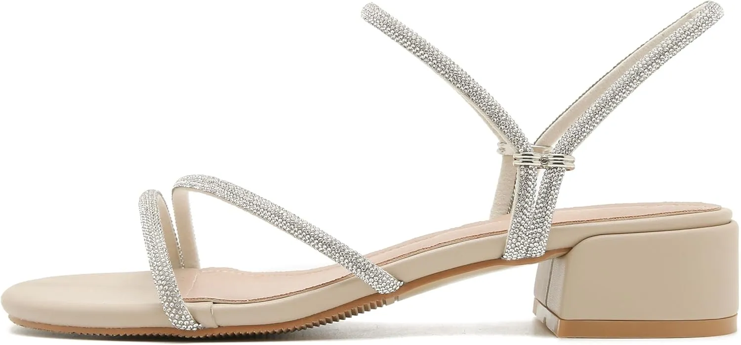 Enelauge Women's Rhinestone Strappy Open Toe Low Block Chunky Heels Sandals Backless Summer Holiday Party Wedding Dress Shoes