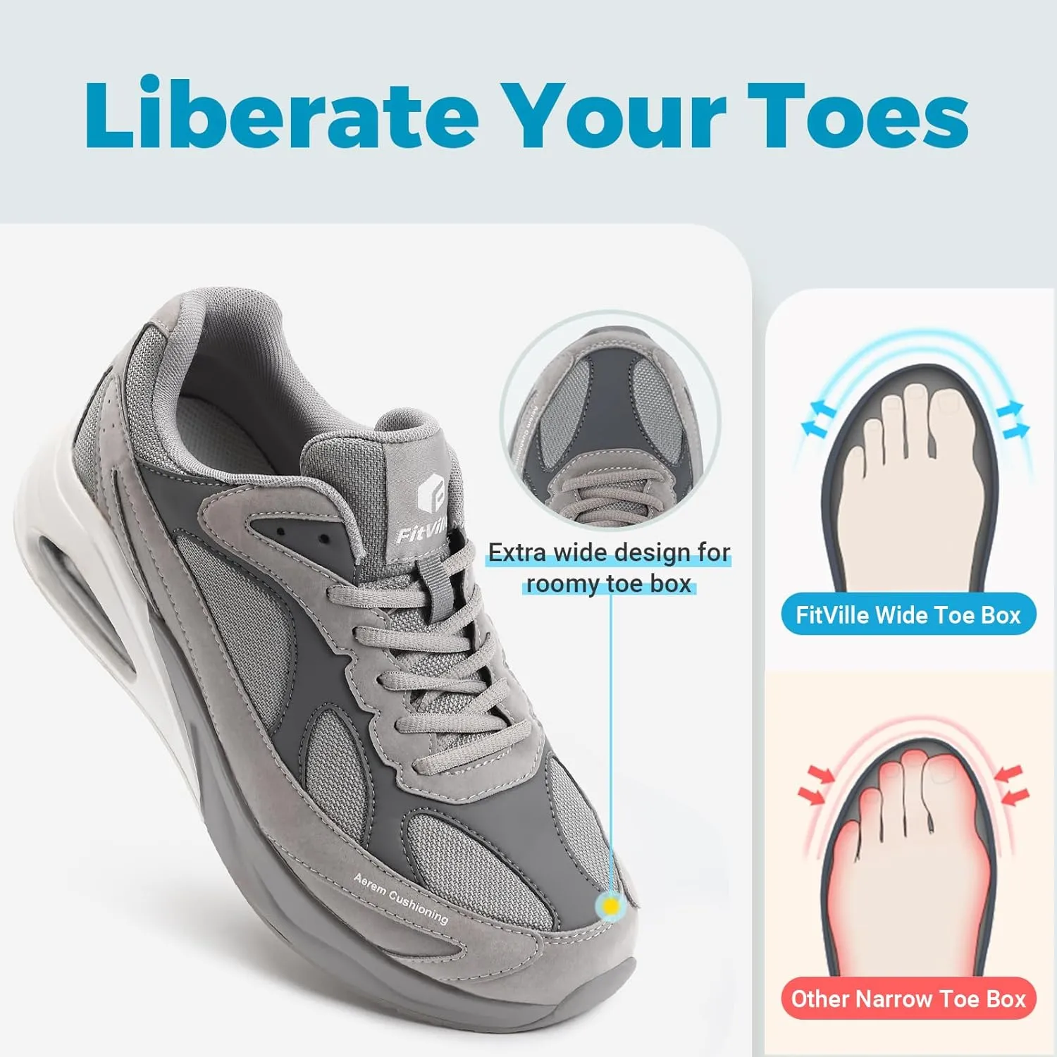 FitVille Extra Wide Walking Shoes for Men Wide Width Air Cushion Sneakers Gym Workout Shoes for Plantar Fasciitis - HeelAero V1