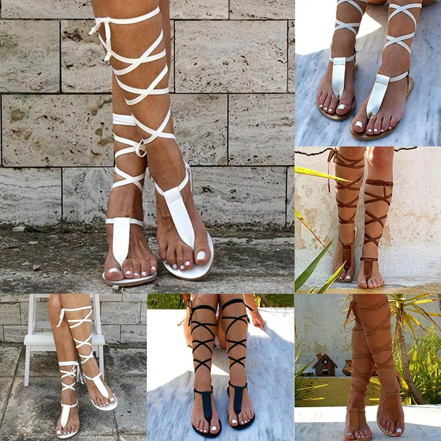 Flat Knee High Gladiator Sandals for Women Dressy Summer Strappy Lace Up Thong Flip Flops Rome Bohemia Sexy Bandage Sandals