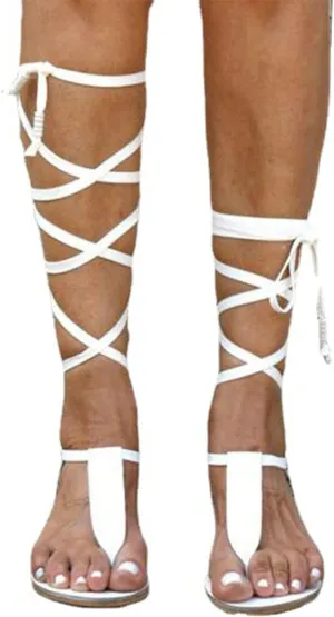 Flat Knee High Gladiator Sandals for Women Dressy Summer Strappy Lace Up Thong Flip Flops Rome Bohemia Sexy Bandage Sandals