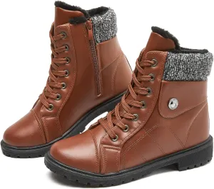 FRACORA Women's PU Leather Combat Boots Warm Fur Lined Black Ankle Booties Side Zipper White Boots Non-slip Winter Boots