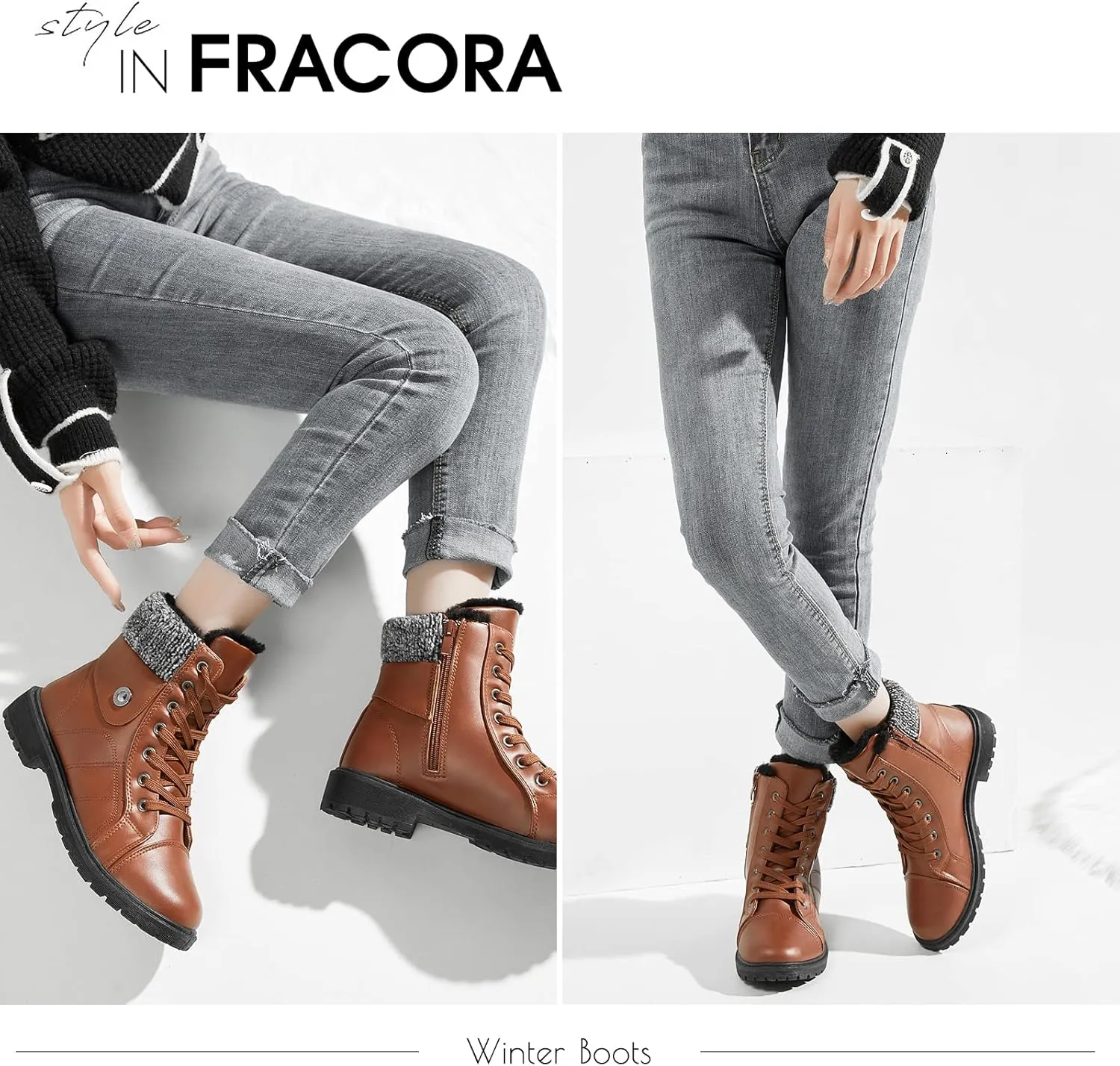 FRACORA Women's PU Leather Combat Boots Warm Fur Lined Black Ankle Booties Side Zipper White Boots Non-slip Winter Boots