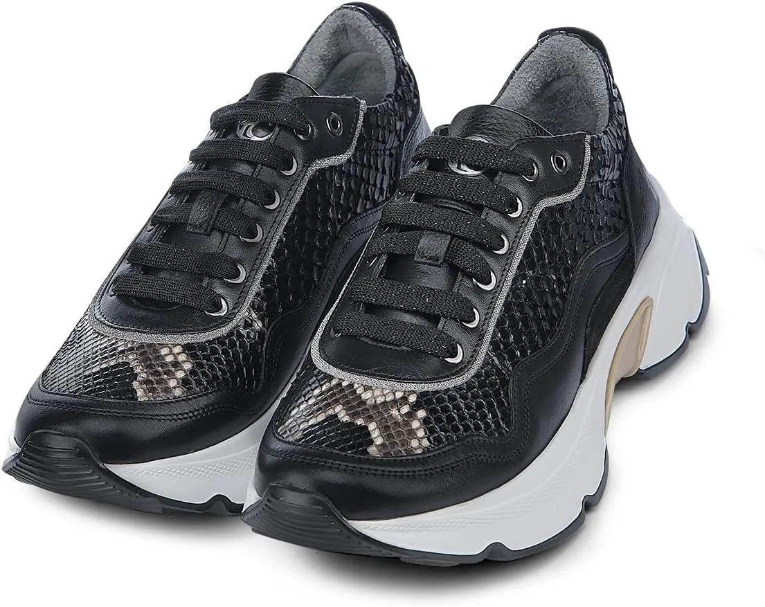 FRANCO CUADRA | Women's Sneakers in Genuine Python and Bovine Leather with Plated Details and XL EXTRALIGHT Sole Black A09PBRS