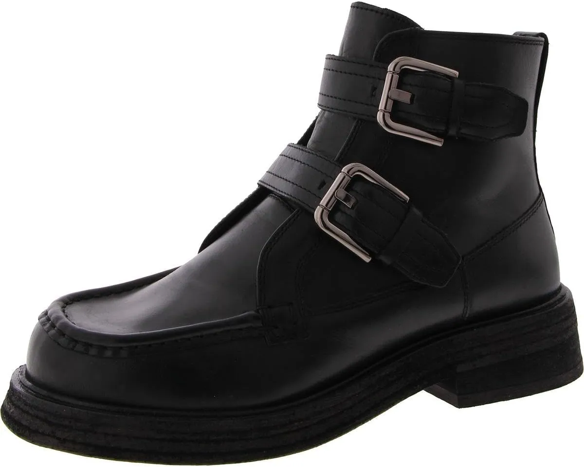 Free People Isla Moto Boots for Women - Leather Upper - Buckled Straps - Stacked Heel - Round-Toe Silhouette