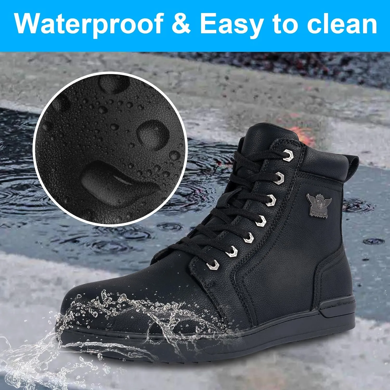 GARGOYLE BELLS Men's Casual Boot PU Leather Combat Boots For Men Waterproof Chukka Boots For Motorcycle Biker Hiking with Side Zipper