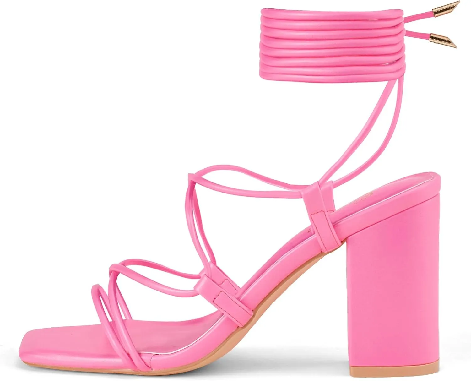GENSHUO Women's Strappy Chunky Heels Sandals, Lace Up Square Open Toe Ankle Wrap Block Heeled Homecoming Wedding Dress Shoes