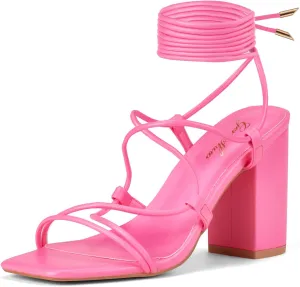GENSHUO Women's Strappy Chunky Heels Sandals, Lace Up Square Open Toe Ankle Wrap Block Heeled Homecoming Wedding Dress Shoes
