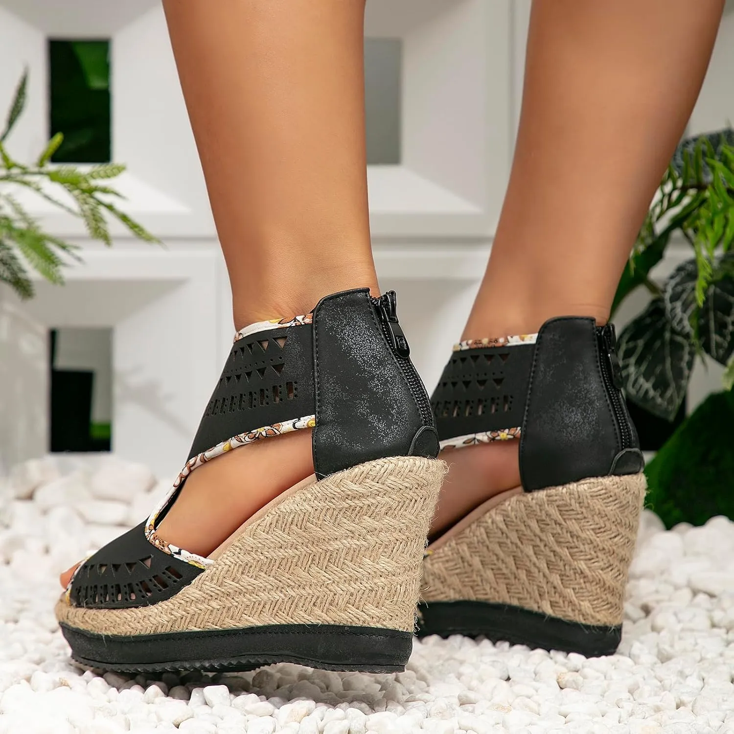 getmorebeauty Women's Hollow Boho Wedge Sandals Open Toe Back Zipper High Heel Platform Dress Shoes