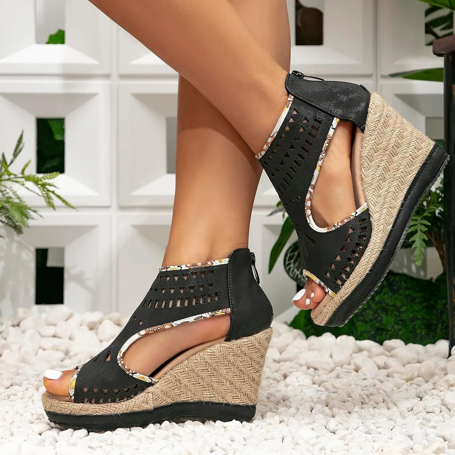 getmorebeauty Women's Hollow Boho Wedge Sandals Open Toe Back Zipper High Heel Platform Dress Shoes