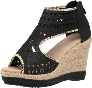 getmorebeauty Women's Hollow Boho Wedge Sandals Open Toe Back Zipper High Heel Platform Dress Shoes