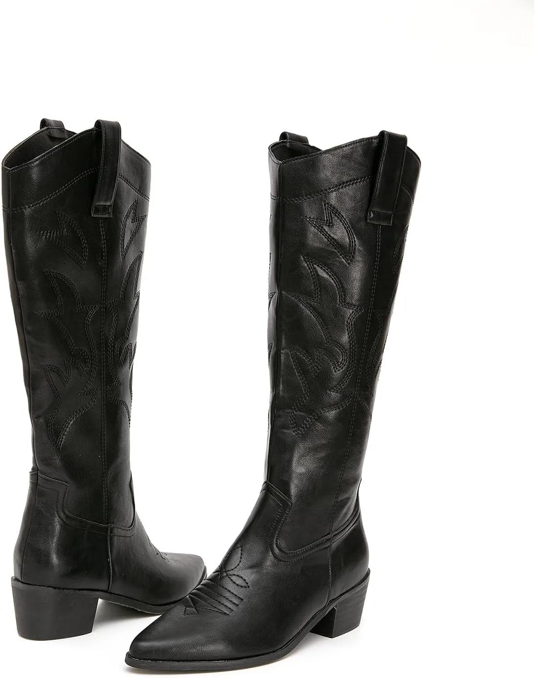 getmorebeauty Women's Western Cowboy Boots Knee-High Black Leather Embroidered Pointed Toe Chunky Heel Slip On Fashion Chevalier Boots