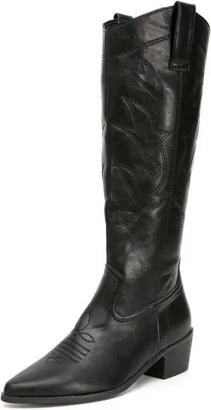 getmorebeauty Women's Western Cowboy Boots Knee-High Black Leather Embroidered Pointed Toe Chunky Heel Slip On Fashion Chevalier Boots