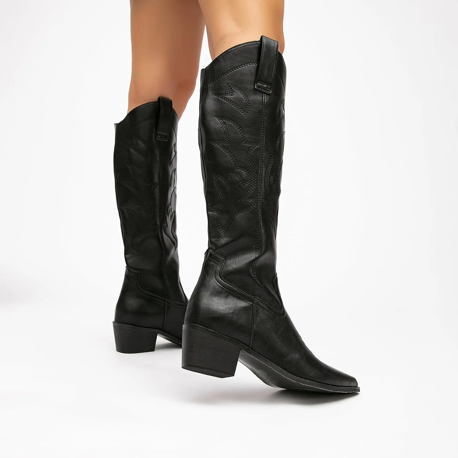 getmorebeauty Women's Western Cowboy Boots Knee-High Black Leather Embroidered Pointed Toe Chunky Heel Slip On Fashion Chevalier Boots