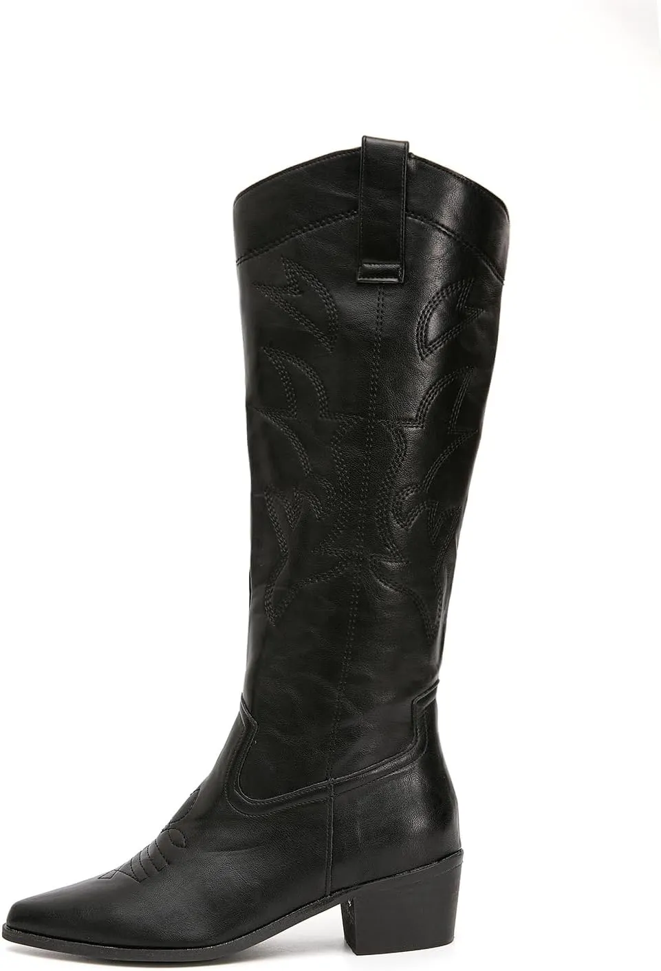 getmorebeauty Women's Western Cowboy Boots Knee-High Black Leather Embroidered Pointed Toe Chunky Heel Slip On Fashion Chevalier Boots