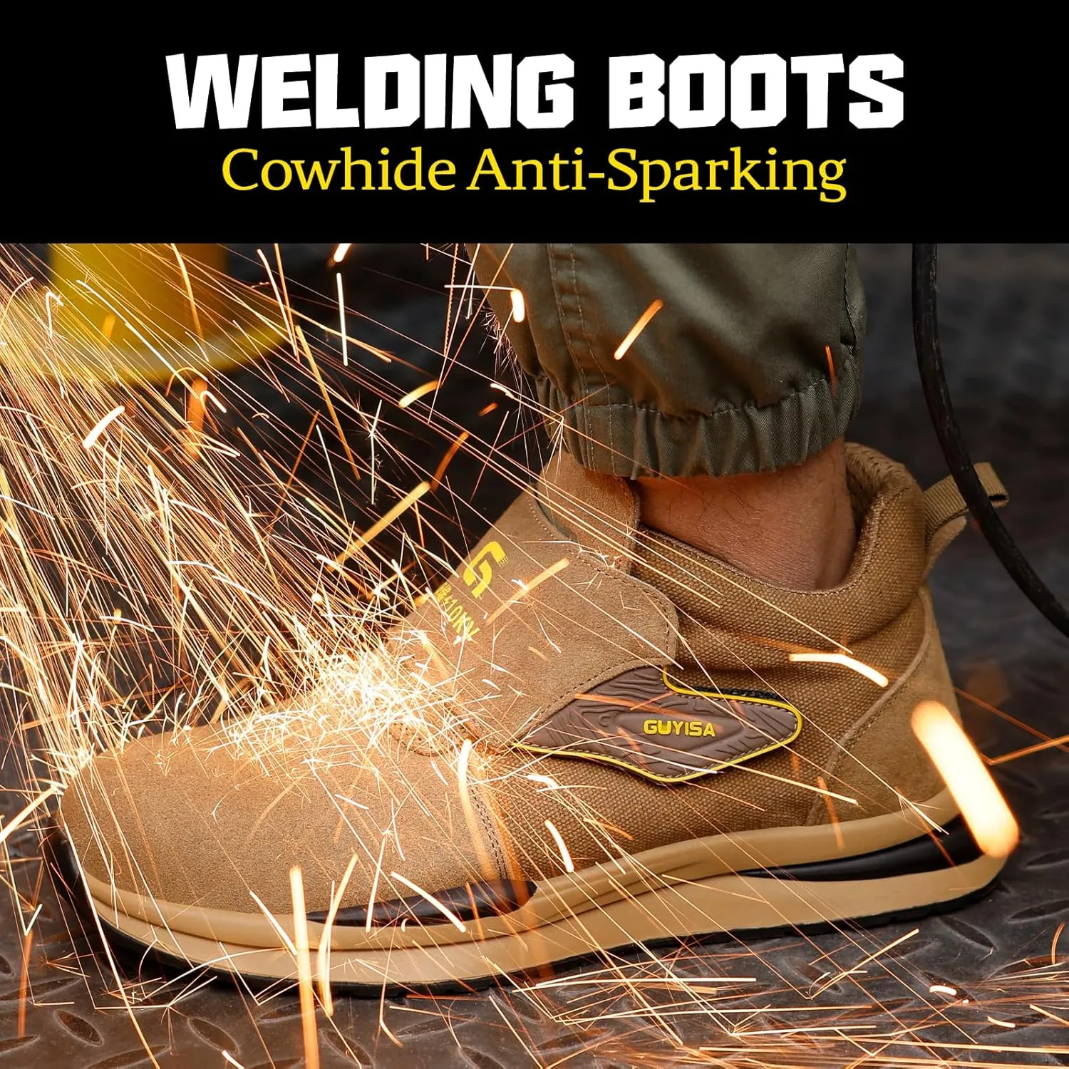 GLANOUDUN Welding Boots for Men Slip on Work Boots for Men Steel Toe Boot Comfortable Welder Boot Construction Safety Footwear Indestructible Men's Steel Toe Shoes