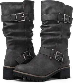 GLOBALWIN Women's Mid Calf Dress Boots Biker Motorcycle Riding Boots Women For Women