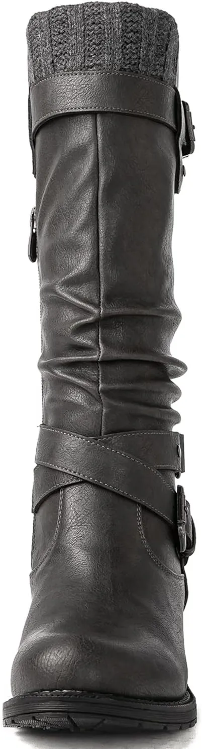GLOBALWIN Women's Motorcycle Boots Mid Calf Boots Low Heels